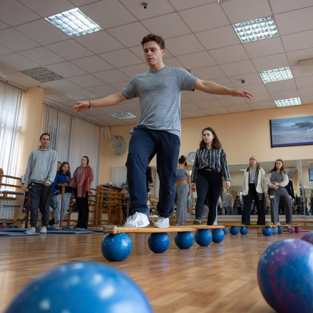 Smiling middle-aged Ukrainian man in comfortable workout attire stretching outdoors in natural lighting