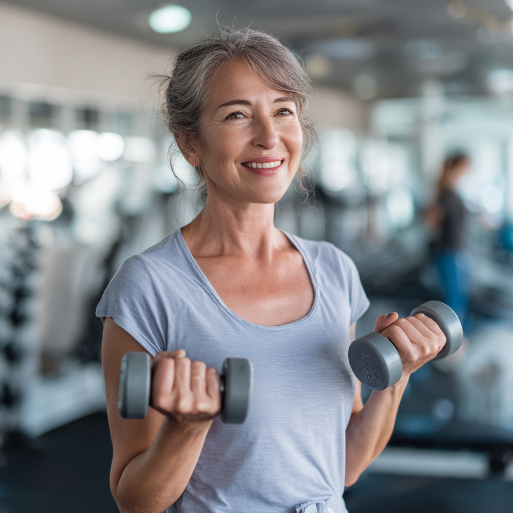 Smiling Ukrainian woman in her 50s performing gentle strength exercises with light weights in a bright, peaceful gym setting